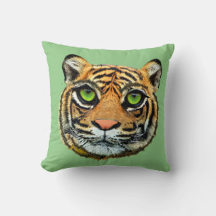 Wild Tiger Face on Green Throw Pillow