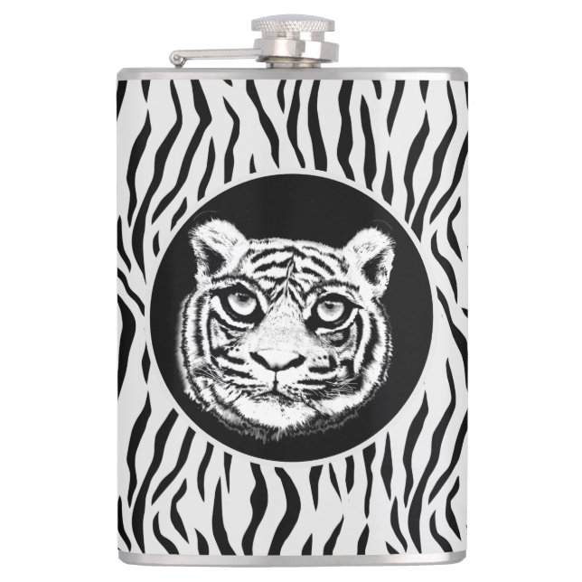 Wild Tiger Face on Tiger Skin Pattern Flask (Front)
