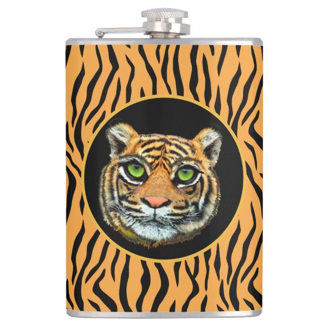 Wild Tiger Face on Tiger Skin Pattern Flask (Front)