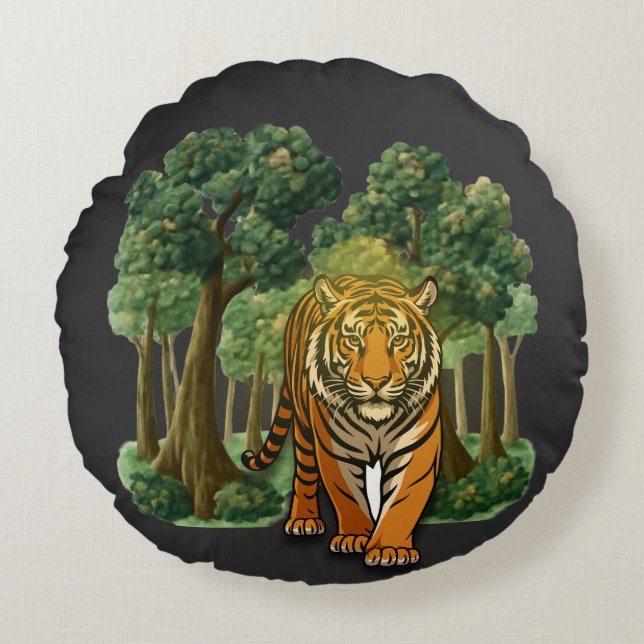 “Wild Tiger in the Forest – Natural Light Jungle D Round Cushion (Front)