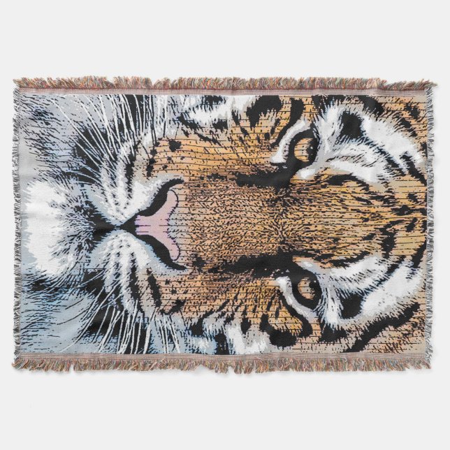 Wild Tiger Portrait Graphic Press Style Throw Blanket (Front)