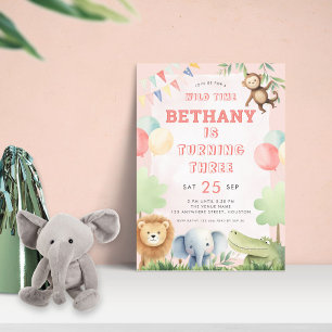 Wild Time Jungle 3rd Birthday Party Pink Invitation