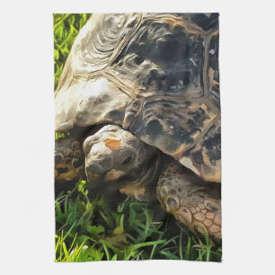 Wild Tortoise In Grass Meadow Wildlife Art Tea Towel