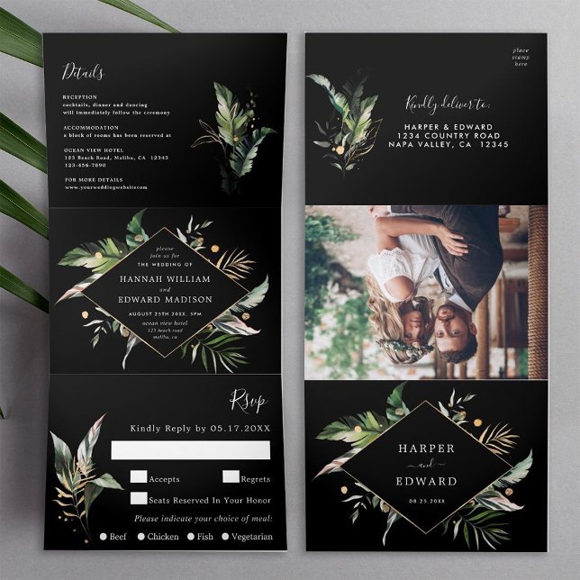 Wild Tropical Foliage Black Wedding All In One Tri-Fold Invitation (Inside & Outside)