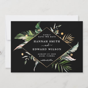 Wild Tropical Foliage Black Wedding Photo Save The Date