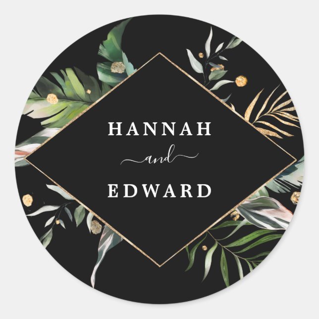 Wild Tropical Foliage Wedding Black  Classic Round Sticker (Front)