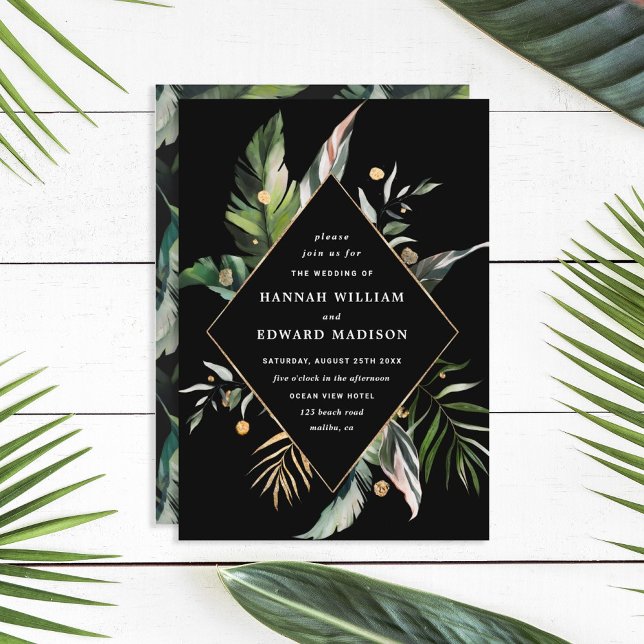 Wild Tropical Foliage Wedding Black Invitation (Creator Uploaded)