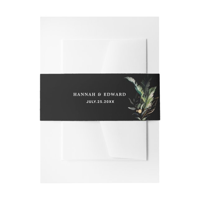 Wild Tropical Foliage Wedding Black Invitation Belly Band (Front Example)