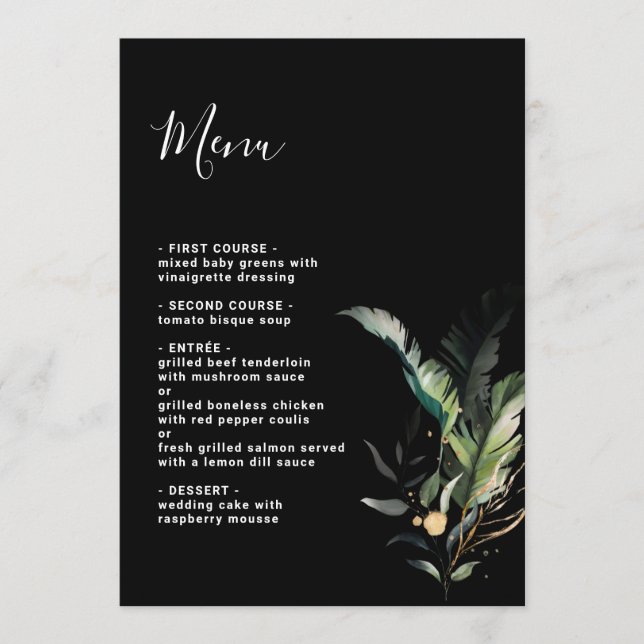 Wild Tropical Foliage Wedding Black  Menu (Front)