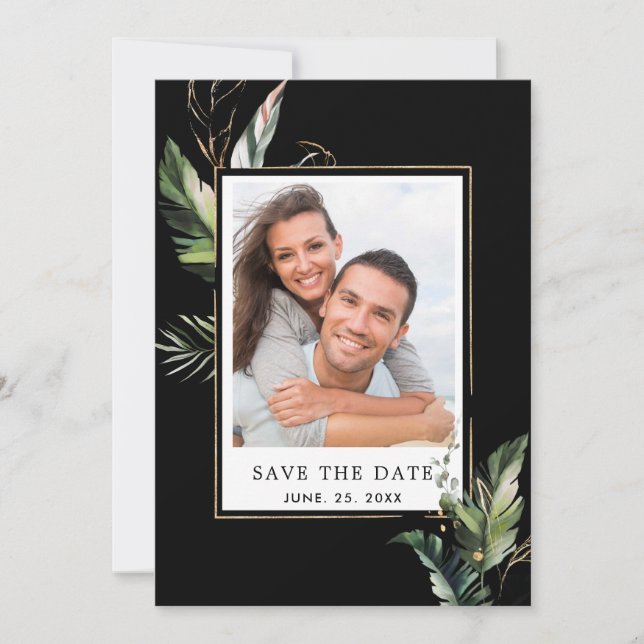 Wild Tropical Foliage Wedding Photo Black Save The Date (Front)