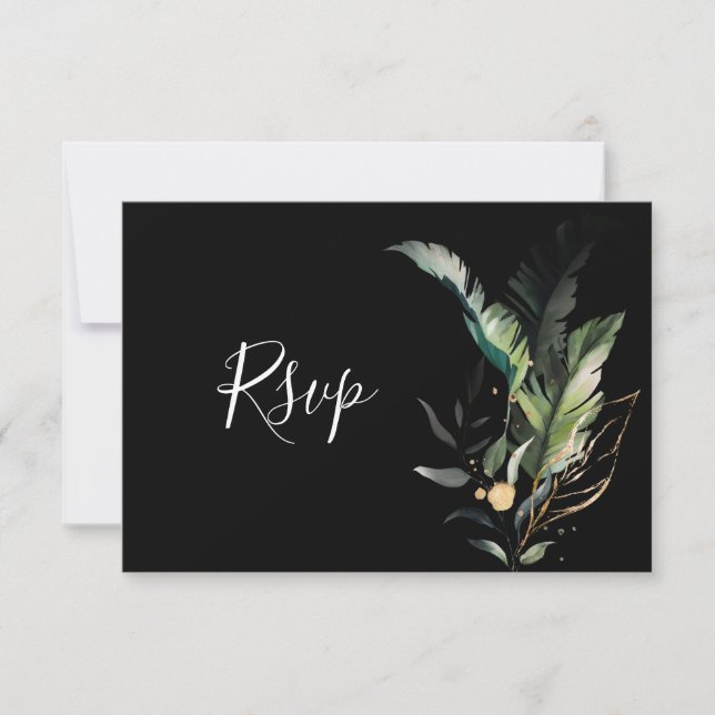 Wild Tropical Foliage Wedding RSVP Black Card (Front)