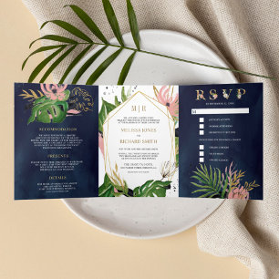 Wild Tropical Gold Blush Pink Floral Navy Wedding Tri-Fold Invitation