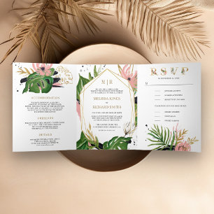 Wild Tropical Gold Blush Pink Floral Wedding Tri-Fold Invitation