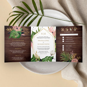 Wild Tropical Gold Blush Pink Floral Wood Wedding Tri-Fold Invitation