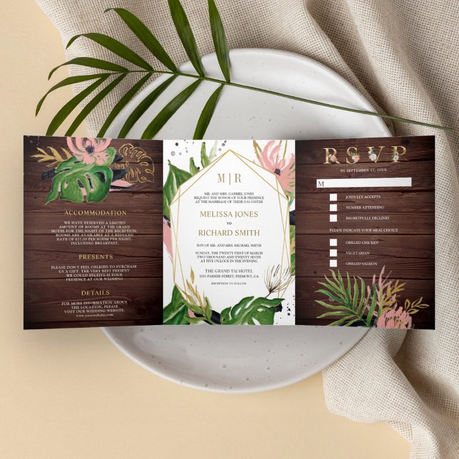Wild Tropical Gold Blush Pink Floral Wood Wedding Tri-Fold Invitation (Creator Uploaded)