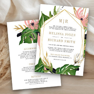 Wild Tropical Gold Pink Floral All in One Wedding Invitation