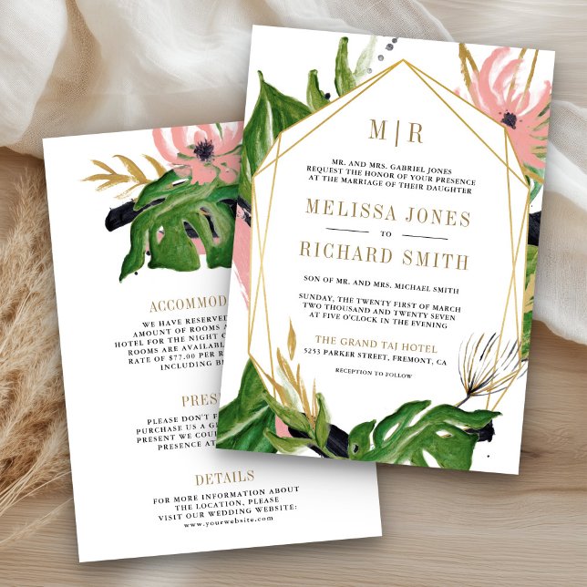 Wild Tropical Gold Pink Floral All in One Wedding Invitation (Creator Uploaded)