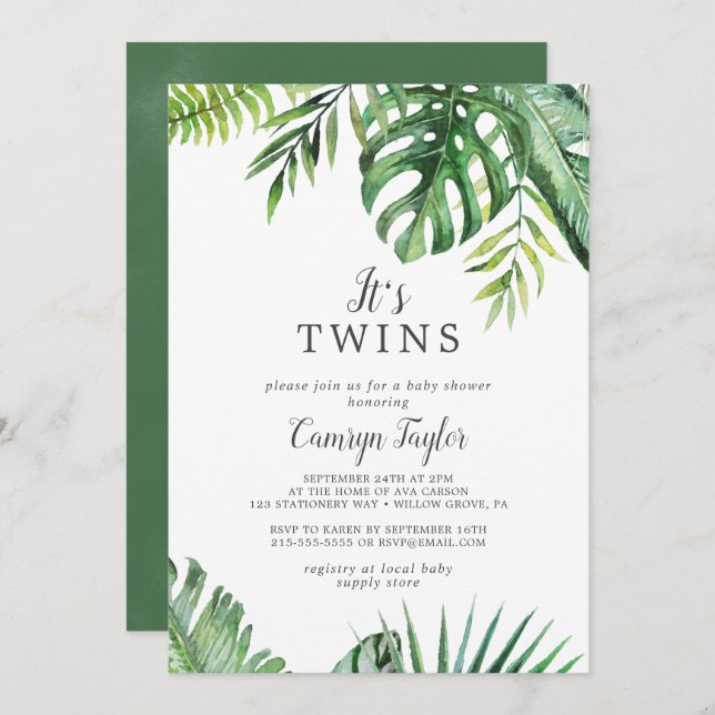 Wild Tropical It's Twins Baby Shower Invitation (Front/Back)
