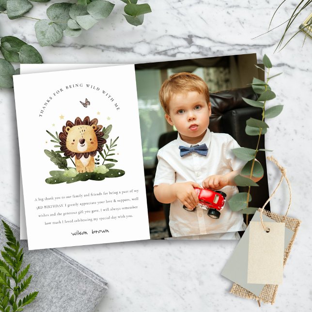 Wild Tropical Jungle Animal Lion Birthday Photo Thank You Card (Creator Uploaded)