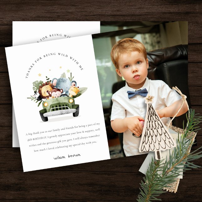 Wild Tropical Jungle Animals in Car Birthday Photo Thank You Card (Creator Uploaded)