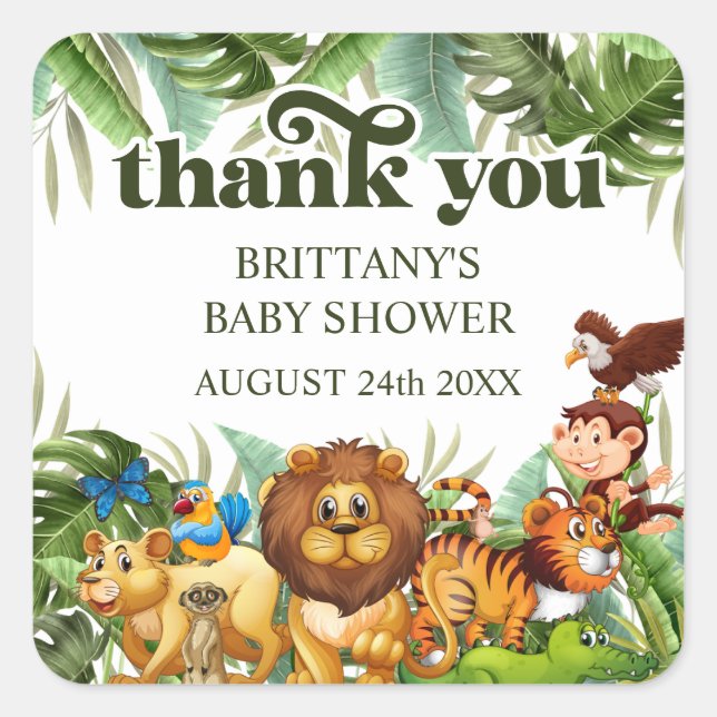 Wild Tropical Jungle Safari Animal Thank You Favou Square Sticker (Front)