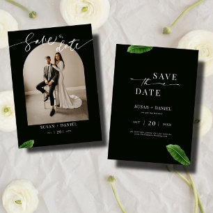 Wild Tropical Leaves & Modern Wedding Arch Photo Save The Date