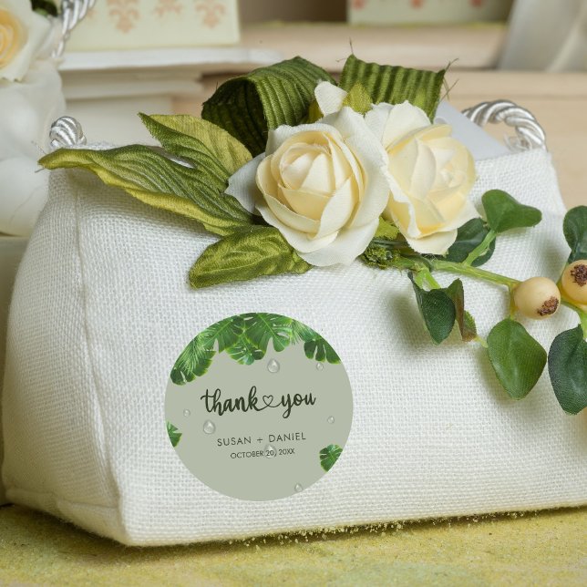 Wild Tropical Lush Palm Leaves Wedding Thank you Classic Round Sticker (Creator Uploaded)