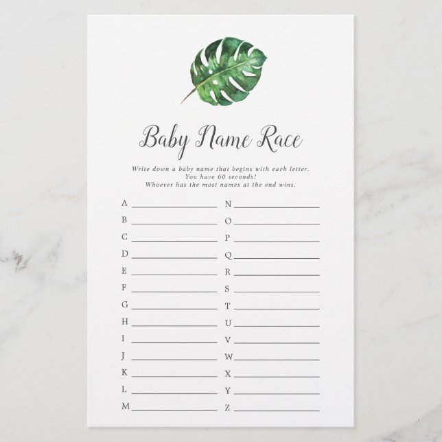 Wild Tropical Palm Baby Shower Baby Name Race Game (Front)