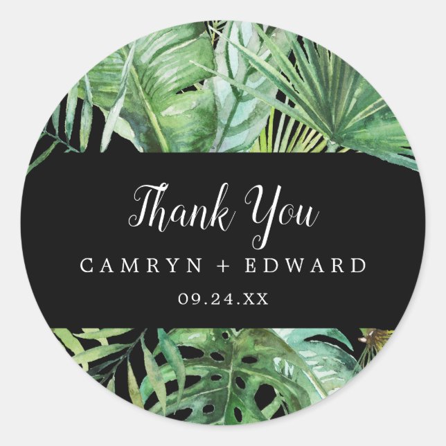 Wild Tropical Palm | Black Thank You Favour Sticke Classic Round Sticker (Front)