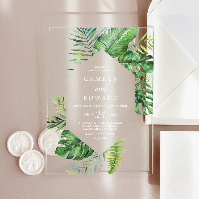 Wild Tropical Palm Leaf White Destination Wedding Acrylic Invitations (Wild Tropical Palm Leaf White Destination Wedding Acrylic Invitations)
