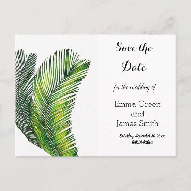 Wild Tropical Palm Leaves Greenery Save the Date Invitation Postcard (Front)
