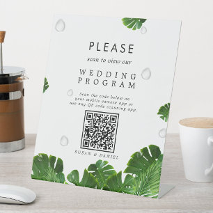 Wild Tropical Palm Leaves QR Code Wedding Program Pedestal Sign