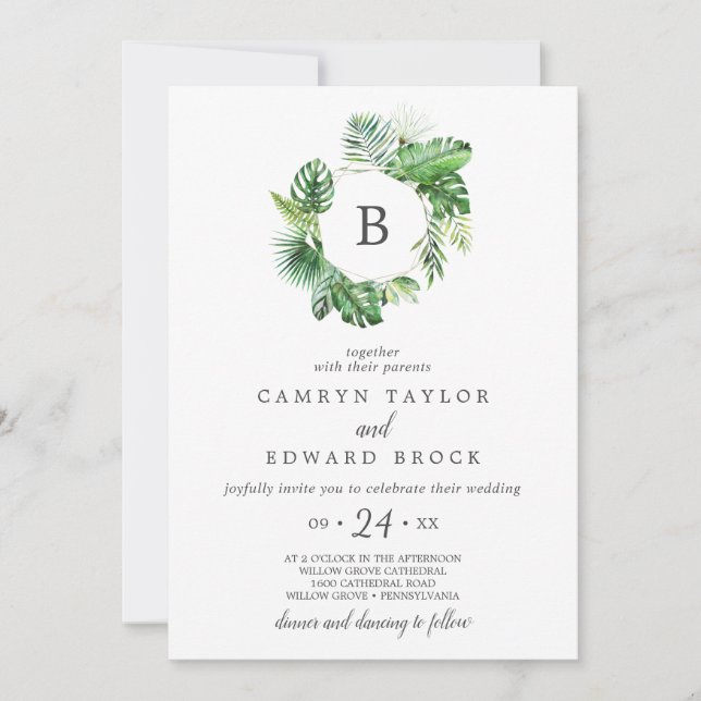 Wild Tropical Palm Monogrammed Wedding Invitation (Front)