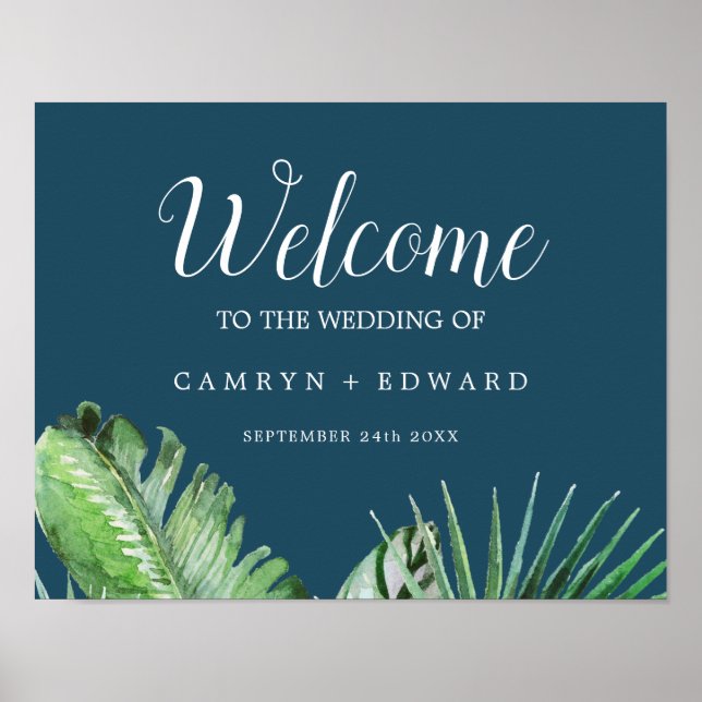 Wild Tropical Palm | Navy Blue Welcome Wedding Poster (Front)