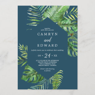 Wild Tropical Palm   Navy Hexagon Casual Wedding Invitation