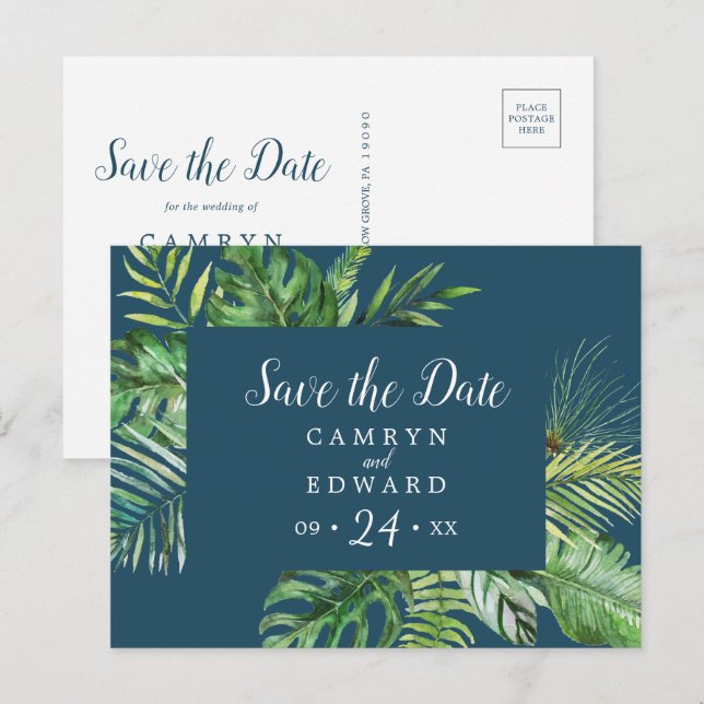 Wild Tropical Palm | Navy Save the Date Postcard (Front/Back)