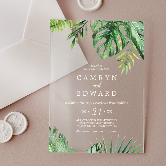 Wild Tropical Palm White Beach Destination Wedding Acrylic Invitations (Wild Tropical Palm White Beach Destination Wedding Acrylic Invitations)