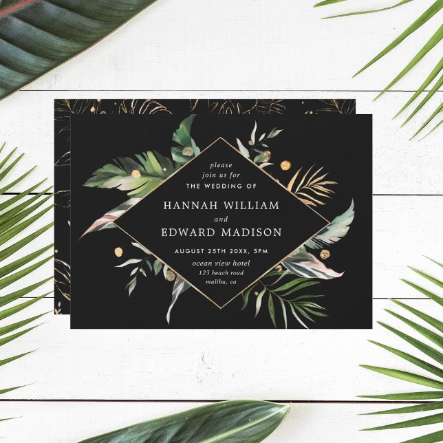 Wild Tropical Watercolor Foliage Black Wedding Invitation (Creator Uploaded)