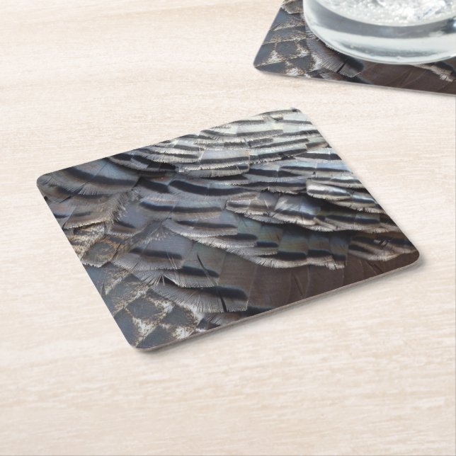 Wild Turkey Feathers II Abstract Nature Design Square Paper Coaster (Angled)