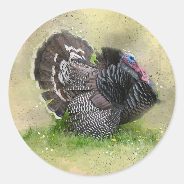 Wild Turkey in Floral Field Classic Round Sticker (Front)