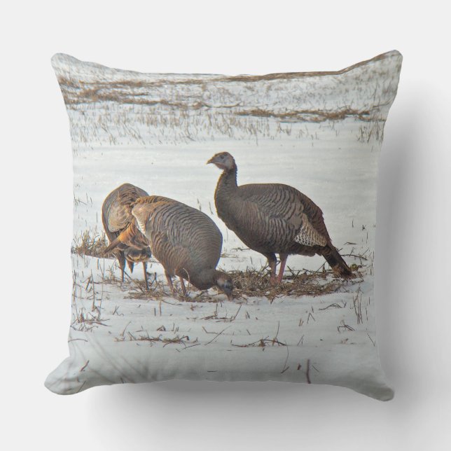 Wild Turkeys in Snow Cushion (Front)