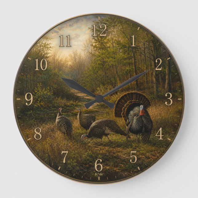 Wild Turkeys in the Autumn Forest Large Clock (Front)