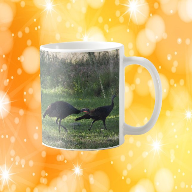 Wild Turkeys in the Grass Photo Coffee Mug (A mug with a photograph of a group of wild turkeys enjoying some grass.)