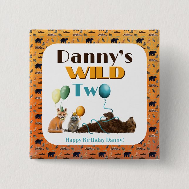 Wild Two Animals Second Birthday party plates 15 Cm Square Badge (Front)
