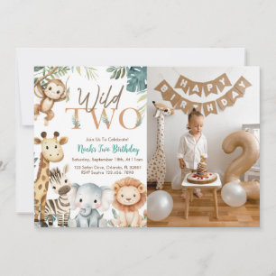 Wild Two Safari Animals Boy Birthday Party Photo Invitation