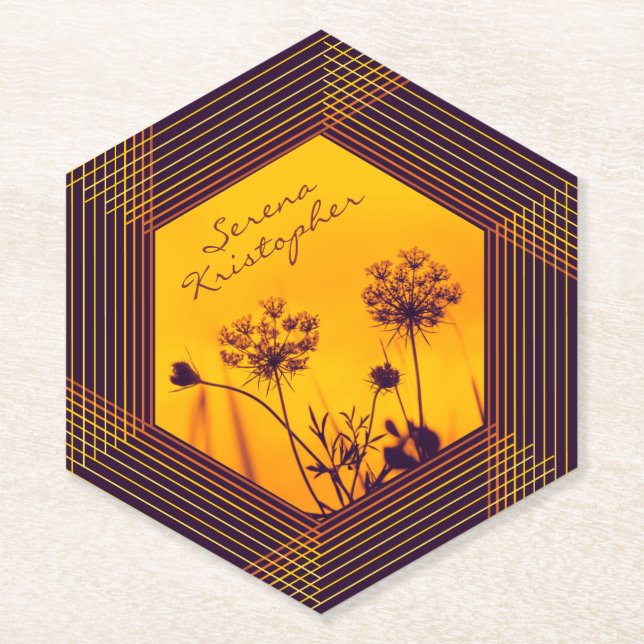 Wild Umbel Flowers Outline Purple and Gold Elegant Paper Coaster (Front)