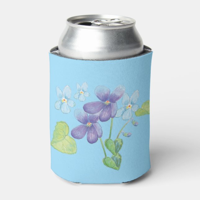 Wild Violet Flowers Illustration Light Blue Can Cooler (Can Front)