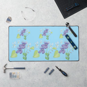 Wild Violet Flowers Illustration Light Blue Desk Mat