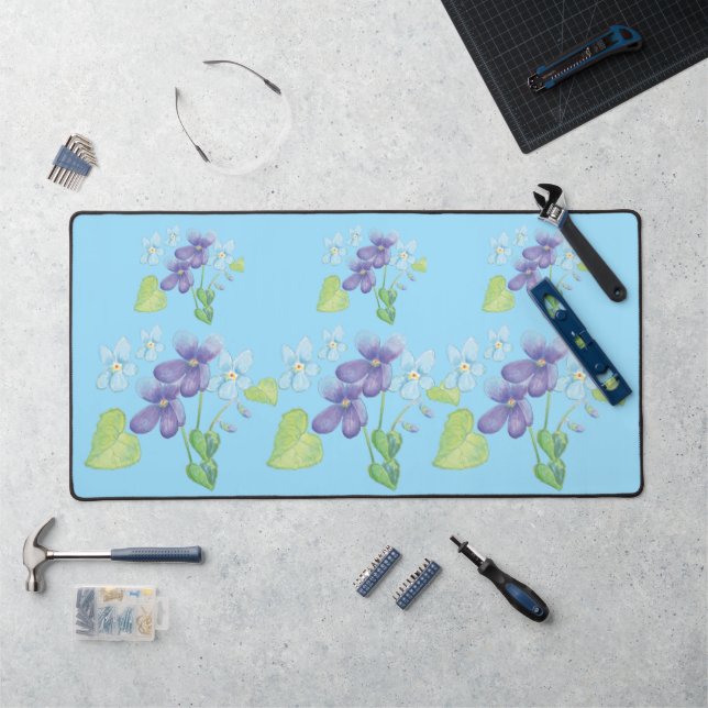 Wild Violet Flowers Illustration Light Blue Desk Mat (Workstation)