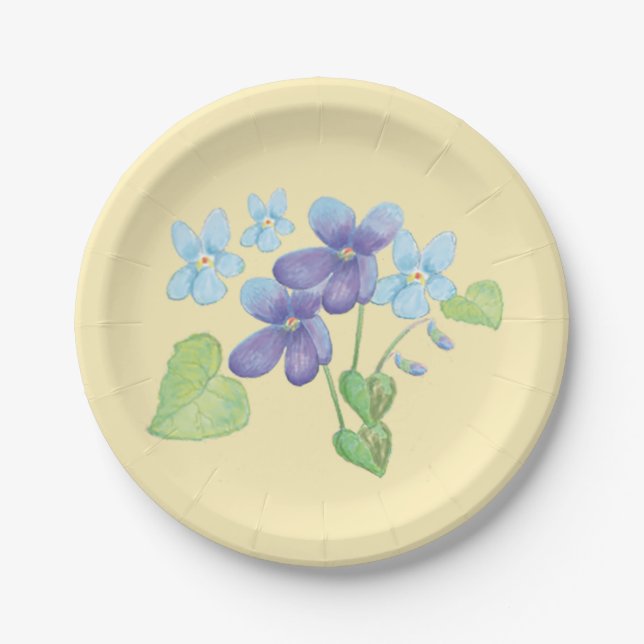 Wild Violet Flowers Illustration Light Blue Paper  Paper Plate (Front)